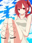  akky_(akimi1127) bad_id bad_pixiv_id dress highres long_hair looking_at_viewer magi_the_labyrinth_of_magic morgiana one_side_up ponytail red_eyes red_hair sitting sleeveless sleeveless_dress solo 