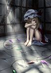  bare_legs barefoot blonde_hair chain covering_mouth empty_eyes flandre_scarlet hat hat_ribbon head_rest iron_bars knees_to_chest leg_hug looking_at_viewer mob_cap panties pantyshot pantyshot_(sitting) red_eyes ribbon short_hair sitting skirt skirt_set solo stone_floor stone_wall touhou underwear wall white_panties wings yoi_(tokoyoi) 