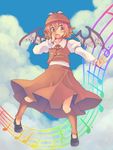  anarogumaaa animal_ears blue_sky blush cloud day hand_to_own_mouth hat highres leg_warmers musical_note mystia_lorelei open_mouth red_eyes red_hair short_hair sky solo touhou wings 