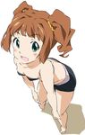  brown_hair from_above green_eyes hands_on_own_knees idolmaster idolmaster_(classic) leaning_forward looking_at_viewer open_mouth simple_background solo takatsuki_yayoi twintails umanosuke white_background 