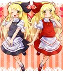  ahoge alternate_color ankle_socks apron blonde_hair blush ellen fingernails hair_ribbon hand_on_own_face heart lace_border leg_up long_hair looking_at_viewer mary_janes namino. one_eye_closed open_mouth player_2 ribbon shoes short_sleeves skirt skirt_set smile striped striped_background touhou touhou_(pc-98) vertical-striped_background vertical_stripes waist_apron yellow_eyes 