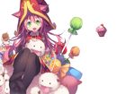 animal_ears black_legwear candy candy_jar cat_ears dress fang food fred04142 green_eyes hat horns kedama league_of_legends lollipop long_hair looking_at_viewer lulu_(league_of_legends) muffin open_mouth pink_hair red_dress simple_background sitting smile solo thighhighs very_long_hair white_background 