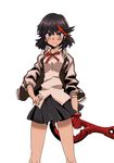  &gt;:( bare_legs black_hair blue_eyes blush frown gloves hand_on_hip jacket kill_la_kill looking_at_viewer matoi_ryuuko multicolored_hair open_clothes open_jacket red_hair scissor_blade short_hair single_glove solo taketake09190920 two-tone_hair v-shaped_eyebrows white_background 