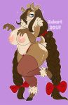  anthro antlers belly big_breasts braided_hair breasts brown_hair canadian_flag cervine clothing ezukapizumu female hair horn huge_breasts huge_thighs legwear long_hair looking_at_viewer mammal nipples overweight slightly_chubby smile solo standing thigh_highs underwear 