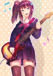  bass_guitar beamed_eighth_notes blush brown_hair eighth_note instrument music musical_note noririn open_mouth original playing_instrument purple_eyes school_uniform shiny shiny_skin short_hair side_ponytail skindentation solo 