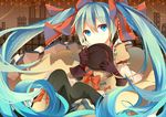  aqua_hair bad_id bad_pixiv_id belt blue_eyes chacha_(thicktea) dress ennui_heiwa_miku gloves hair_ribbon hat hat_removed hatsune_miku headwear_removed holding holding_hat kneehighs long_hair looking_at_viewer pantyhose ribbon sitting solo twintails very_long_hair vocaloid 