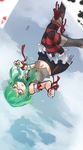  1girl ace_of_hearts arceonn bespectacled boots card falling glasses green_eyes green_hair gumi highres knee_boots long_hair navel playing_card red-framed_glasses red_legwear red_ribbon ribbon skirt sky solo striped striped_legwear thighhighs upside-down vocaloid 