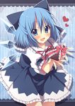  bad_id bad_pixiv_id blue_dress blue_eyes blue_hair blush bow chocolate chocolate_heart cirno dress fang gift hair_bow heart ice ice_wings looking_at_viewer oniku_(shimofuri-ke) open_mouth puffy_sleeves shirt short_sleeves smile solo striped striped_background touhou valentine wings 