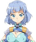  blue_eyes blue_hair blush braid breasts covered_nipples looking_at_viewer medium_breasts seolla_schweizer short_hair simple_background solo super_robot_wars super_robot_wars_original_generation umanosuke upper_body white_background 