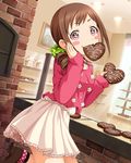  artist_request blush_stickers brown_hair chocolate chocolate_heart drill_hair fang food food_on_face hair_ornament hair_scrunchie heart idolmaster idolmaster_cinderella_girls official_art oohara_michiru pink_eyes scrunchie skirt sparkling_eyes 