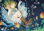  alice_(wonderland) alice_in_wonderland aqua_eyes blonde_hair boots bubble dress fish kneehighs koyuiko long_hair original single_kneehigh single_thighhigh solo striped striped_legwear thighhighs underwater 