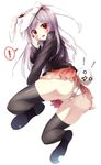  1girl animal_ears ass bad_id bad_pixiv_id black_legwear bunny_ears bunny_tail gorilla_(bun0615) highres jacket kedama long_hair long_sleeves looking_at_viewer looking_back o_o open_mouth panties pleated_skirt purple_hair red_eyes reisen_udongein_inaba shirt simple_background skirt solo spoken_exclamation_mark tail tears thighhighs touhou underwear upskirt very_long_hair white_background white_panties 