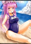 absurdres beach blue_sky breasts cloud crescent day hat highres large_breasts long_hair mitsubasa_miu one-piece_swimsuit outdoors patchouli_knowledge purple_eyes purple_hair sand school_swimsuit sitting sky solo swimsuit touhou water wet wet_clothes wet_swimsuit 