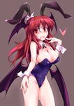  :p alternate_costume animal_ears areola_slip areolae bare_legs bare_shoulders bat_wings blush breasts bunny_ears bunnysuit cleavage cum cum_on_body cum_on_breasts cum_on_upper_body detached_collar fumitsuki_(minaduki_6) head_wings heart highres koakuma large_breasts long_hair low_wings multiple_wings red_eyes red_hair smile solo tongue tongue_out touhou wings wrist_cuffs 