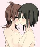  antenna_hair bad_id bad_pixiv_id black_hair blush breast_press breasts brown_eyes brown_hair cleavage collarbone green_eyes hair_ornament hairclip hug iizuka_yuzu ikeno_kaede looking_at_viewer medium_breasts multiple_girls nude pink_background rokuromi sakura_trick short_hair simple_background symmetrical_docking tareme yellow_eyes yuri 