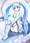  blue_eyes blue_hair boots detached_sleeves hatsune_miku leg_hug long_hair looking_at_viewer mittens necktie poru_(naasan) scarf sitting skirt smile snowflakes snowing solo thigh_boots thighhighs twintails very_long_hair vocaloid white_scarf yuki_miku 