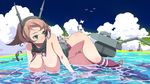  all_fours arm_support bad_id bad_pixiv_id bird blush breasts brown_hair chain cloud commentary_request day giantess gloves green_eyes hanging_breasts highres huge_breasts kantai_collection looking_away mutsu_(kantai_collection) nipples nude solo thigh_gap thighhighs towashibuki water 