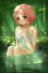  absurdres bad_id bad_pixiv_id blush hair_ornament hairclip highres lisbeth long_legs naked_towel partially_submerged pink_eyes pink_hair short_hair smile solo sword_art_online touniyuu_purin towel 