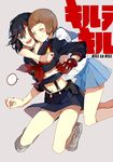  &gt;:) :d black_hair blue_eyes blue_skirt brown_hair closed_eyes gloves hug hug_from_behind kill_la_kill kkkkt mankanshoku_mako matoi_ryuuko midriff multiple_girls navel open_mouth round_teeth school_uniform senketsu serafuku short_hair single_glove skirt smile suspenders teeth v-shaped_eyebrows 