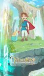  blue_eyes brown_hair copyright_name kinman_chan ni_no_kuni official_art oliver_(ni_no_kuni) scabbard sheath shizuku_(no_no_kuni) water waterfall 