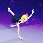  :d blonde_hair cato_(monocatienus) elbow_gloves figure_skating gloves hair_ribbon ice_skating looking_at_viewer open_mouth outstretched_arms red_eyes ribbon rumia short_hair skating smile solo spread_arms touhou white_gloves 