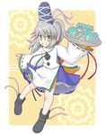  2014 blush dated grey_hair grin hat japanese_clothes kariginu manaka_(pdx) mononobe_no_futo ponytail short_hair skirt smile solo tate_eboshi touhou 