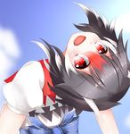  blue_sky bow cloud day dress fang horns kijin_seija layered_dress leaning_back looking_at_viewer multicolored_hair open_mouth red_eyes shaft_look short_sleeves sky solo streaked_hair touhou upper_body yista 
