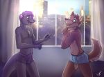  alternate_species anthro bulge canine claws clothed clothing drewotter duo female hair jaggiekant male mammal milko mustelid open_mouth open_smile otter purple_hair smile topless underwear window wolf 