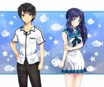  1girl black_eyes black_hair blue_eyes blue_hair dress fu_(38wasure) hiradaira_chisaki kihara_tsumugu long_hair nagi_no_asukara sailor_dress school_uniform serafuku short_hair side_ponytail 