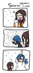  3koma ^_^ blue_hair blush blush_stickers brown_hair carol_(skullgirls) closed_eyes comic eyepatch face_slap_mark female_pervert head_bump highres mittens multiple_girls nyoro_mutou painwheel_(skullgirls) pervert scarf silent_comic skullgirls slap_mark snowman stitches valentine_(skullgirls) 