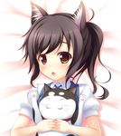  :o animal_ears bed_sheet blush brown_eyes brown_hair cat cat_ears looking_at_viewer open_mouth psyche3313 sakai_wakana short_hair tari_tari 