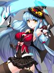  arm_up bell bell_collar black_legwear blue_hair breasts collar copyright_name garter_straps gloves hat junketsu_duelion large_breasts long_hair looking_at_viewer original ribbon scythe snowball22 solo thighhighs top_hat very_long_hair watermark yellow_eyes 