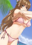  bad_id bad_pixiv_id beach bikini breasts brown_eyes brown_hair cleavage cloud day hair_ornament highres large_breasts long_hair navel o-ring o-ring_bikini o-ring_bottom o-ring_top ocean original outdoors oxxo_(dlengur) parted_lips shiny shiny_skin shirt_lift side-tie_bikini skindentation sky smile solo swimsuit underboob undressing water 