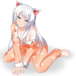  animal_ears barefoot black_hanekawa breasts cat_ears cleavage hanekawa_tsubasa large_breasts long_hair monogatari_(series) pajamas solo white_hair yellow_eyes 