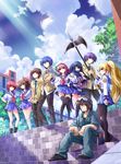  5girls absurdres angel_beats! axe black_hair blonde_hair blue_eyes blue_hair brown_eyes brown_hair char_(angel_beats!) closed_mouth cloud day goggles goggles_on_head green_eyes highres hinata_(angel_beats!) hisako_(angel_beats!) iwasawa jumpsuit light_rays long_hair megaphone multiple_boys multiple_girls necktie noda_(angel_beats!) one-eyed ooyama_(angel_beats!) pantyhose pink_eyes pink_hair polearm purple_hair scarf school_uniform serafuku shiina_(angel_beats!) shinda_sekai_sensen_uniform short_hair sky sleeves_rolled_up smile stairs sunbeam sunlight tazu thighhighs tree weapon yuri_(angel_beats!) yusa_(angel_beats!) 