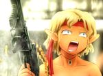  bandana bare_shoulders blonde_hair blurry bullet collarbone commentary depth_of_field emerald green_eyes gun jewelry looking_away machine_gun mizuhashi_parsee necklace open_mouth parody pointy_ears portrait rambo shirosato short_hair smoke solo sweat touhou weapon 