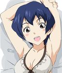  armpits arms_up blue_hair blush breasts brown_eyes housen_aoi looking_at_viewer medium_breasts mugen_no_ryvius open_mouth short_hair smile solo umanosuke upper_body 