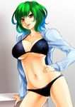 arm_support bikini breasts cleavage green_hair hand_on_hip highres hood hoodie jacket kazami_yuuka large_breasts mattari_yufi navel open_clothes open_hoodie open_mouth parted_lips pose red_eyes shiny shiny_skin short_hair smile solo strap_gap swimsuit touhou underboob 