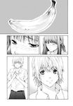  1girl banana belt belt_buckle blush buckle closed_eyes comic food fruit greyscale highres koukyou_keiyu long_hair monochrome opening_eyes original otoko_no_ko pants school_uniform shirt short_hair silent_comic trembling unbuttoning 