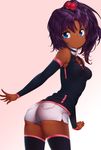  ass bare_shoulders blue_eyes dark_skin detached_sleeves fingernails gradient gradient_background gundam hair_bobbles hair_ornament leaning_forward long_fingernails looking_back parted_lips purple_hair rachel_ransom sd_gundam_g-generation short_shorts shorts side_ponytail solo thighhighs very_dark_skin zizi_(zz22) 