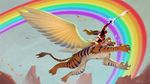  1girl bikini brown_hair crown deadpool garters highres long_hair marvel mask official_art rainbow screencap swimsuit sword tiger weapon wings 