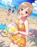  :d aiba_yumi arm_up artist_request ball beach beachball bikini bikini_skirt black_hair blue_hair blush bracelet breasts brown_eyes brown_hair cleavage cloud day fingernails floral_print flower frilled_bikini frills fukuyama_mai hand_on_hip idolmaster idolmaster_cinderella_girls inflatable_toy jewelry long_fingernails looking_at_viewer medium_breasts multiple_girls official_art one-piece_swimsuit open_mouth outdoors pump short_hair sky smile swimsuit volleyball_net wakui_rumi 