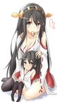  absurdres adjusting_hair bare_shoulders black_hair black_legwear breasts brown_eyes cleavage commentary hairband haruna_(kantai_collection) highres if_they_mated kantai_collection long_hair medium_breasts mother_and_daughter motherly mouth_hold multiple_girls nontraditional_miko older saku_(kudrove) skirt smile thighhighs tying_hair younger 