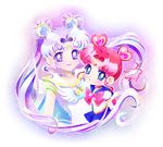  bishoujo_senshi_sailor_moon blue_eyes blue_sailor_collar blue_skirt bow brooch chibi_chibi choker double_bun drill_hair earrings facial_mark forehead_mark hair_ornament hairpin heart heart_choker jewelry lipstick long_hair magical_girl makeup multiple_girls pink_background red_hair ribbon sailor_chibi_chibi sailor_collar sailor_cosmos sailor_senshi_uniform sen_(senpani) silver_hair skirt smile tiara twin_drills twintails white_choker white_sailor_collar 