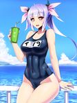  bare_shoulders blue_hair blush breasts covered_navel drink fang hair_ribbon highres i-19_(kantai_collection) ishimiso_(ishimura) kantai_collection large_breasts long_hair looking_at_viewer one-piece_swimsuit open_mouth purple_hair red_eyes ribbon school_swimsuit skin_tight solo swimsuit twintails 