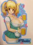  alcohol apron beer beer_mug blonde_hair blue_background blush breasts character_name cleavage corset cowboy_shot cross-laced_clothes cup dirndl dress drink drinking_straw dual_wielding frills from_side garter_straps german_clothes headphones heart holding holding_cup huge_breasts jewelry jpeg_artifacts lace looking_at_viewer mug name_tag necklace nitroplus official_art open_mouth orange_eyes panties pleated_dress plump scan short_dress short_hair short_sleeves short_twintails simple_background smile solo spoken_heart standing star star_necklace super_pochaco sweat thick_thighs thighhighs thighs tsuji_santa twintails underbust underwear waist_apron waitress white_legwear wrist_cuffs 