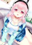  arm_support blush breasts chestnut_mouth cleavage full-face_blush headphones highres hood hoodie large_breasts legs_together long_hair looking_at_viewer nitroplus open_mouth pink_eyes pink_hair pom_pom_(clothes) solo super_sonico sutapon taut_clothes 
