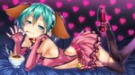  adapted_costume animal_ears belt black_legwear blush dog_ears elbow_gloves elbow_rest fingerless_gloves gloves green_eyes green_hair headphones heart heart_cutout heart_hunter_(module) jpeg_artifacts kasodani_kyouko lying miniskirt naughty_face navel pink_gloves project_diva_(series) shoes short_hair short_twintails skirt solo thighhighs third-party_edit touhou twintails vocaloid 