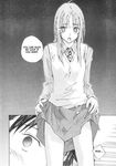  black blush collared_shirt comic crossdressing doujinshi greyscale ikeda_yoshinori long_hair miyano_tomochika monochrome multiple_boys necktie open_mouth otoko_no_ko scan school_uniform shirt skirt skirt_lift standing takatsuki_wataru vest yubisaki_milk_tea 