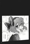  blush bow comic doujinshi fang greyscale highres monochrome open_mouth remilia_scarlet scan short_hair solo touhou translated yumiya 